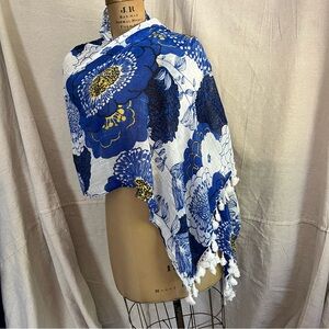 Gauzy Flowered Rectangular Scarf with Tassels